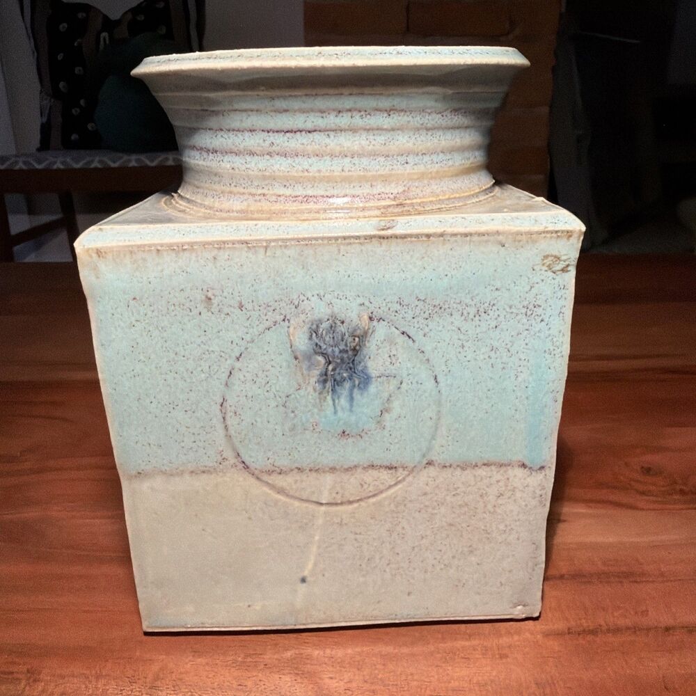 Vintage Spillman Planter/Vase Square Shaped Beautiful Blue Green Glaze Tiny Chip